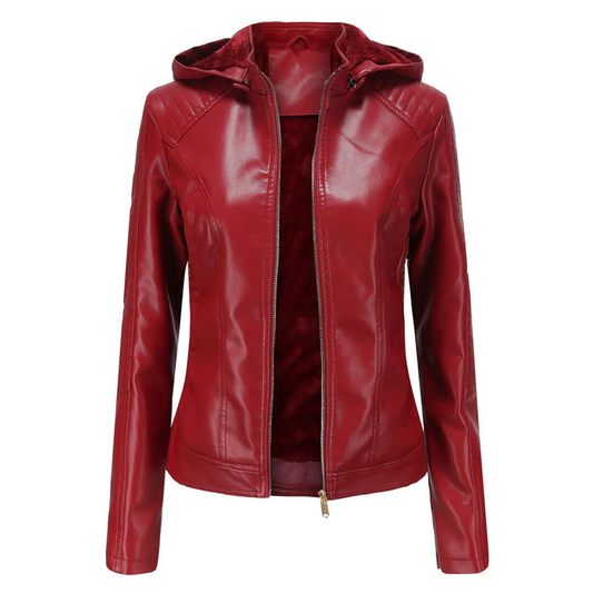 Women’s Faux Leather Jacket – Slim Fit – Plush Lined – Detachable Hood – Zip Closure Red