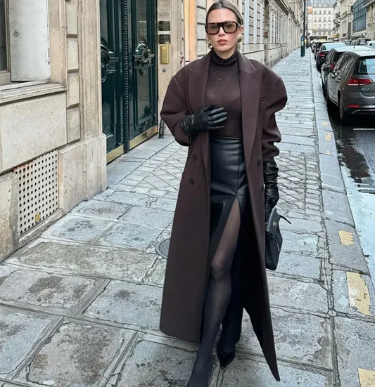 Women's Wool Blend Oversized Coat - Double-Breasted Chic - Winteruxe Dark Brown
