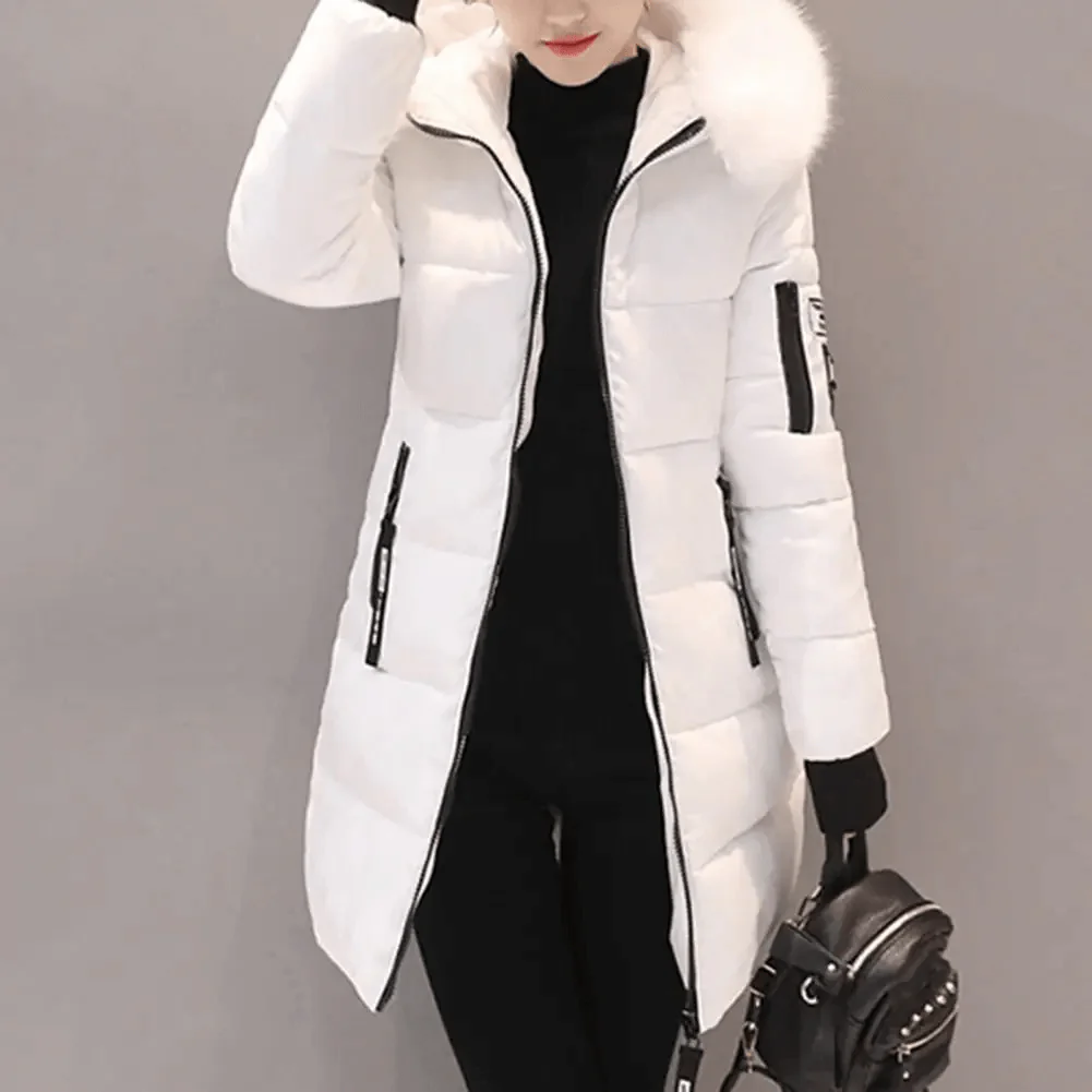 Women’s Puffer Coat – Oversized Fit – Quilted – Faux Fur Hood – Ribbed Cuffs White