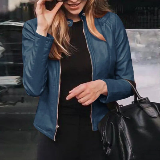 Women’s Jacket – Slim Fit Faux Leather – Cropped Length – Zip Front – Stand Collar Dark Blue