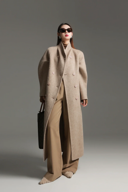Women's Wool Double Breasted Overcoat - WinterChic Beige