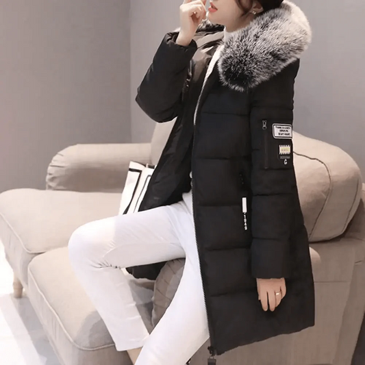 Women’s Puffer Coat – Oversized Fit – Quilted – Faux Fur Hood – Ribbed Cuffs Black