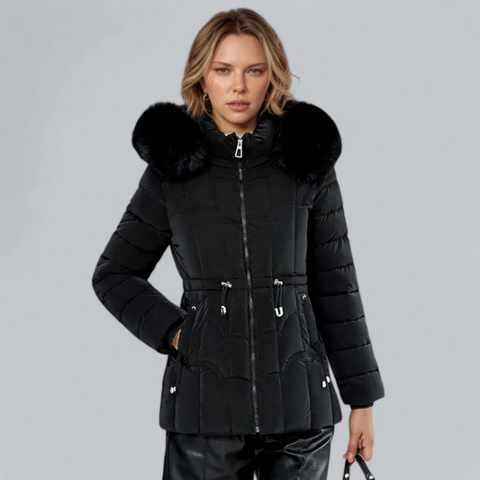 Women’s Parka Coat – Quilted Insulated – Tailored Fit – Faux Fur Hood – Mid Length Black
