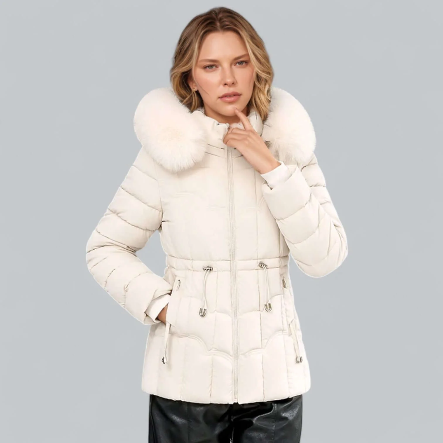 Women’s Parka Coat – Quilted Insulated – Tailored Fit – Faux Fur Hood – Mid Length White