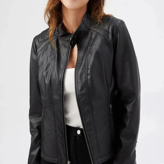 Women’s Jacket – Faux Leather – Slim Fit – Quilted Panels – Zipper Front Black