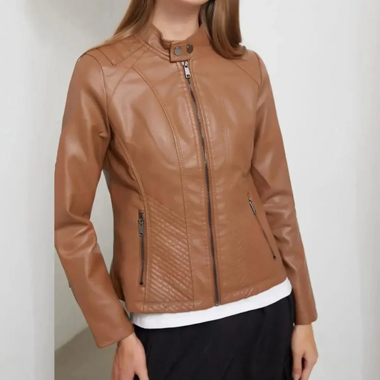 Women’s Jacket – Faux Leather – Slim Fit – Quilted Panels – Zipper Front Brown