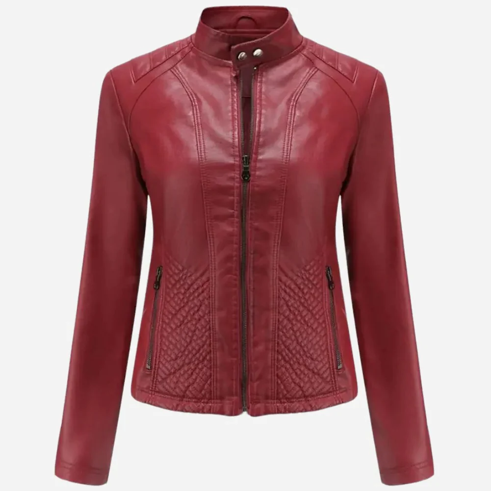 Women’s Jacket – Faux Leather – Slim Fit – Quilted Panels – Zipper Front Red