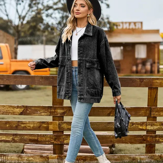 Women’s Denim Jacket – Oversized Fit – Button Down – Chest Pockets – Hip Length Casual Black