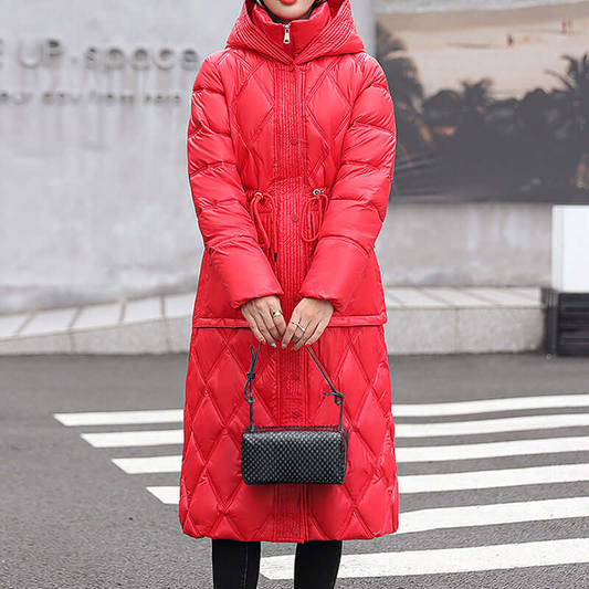 Women’s Padded Jacket – Quilted Knee Length – Relaxed Fit – Hooded – Water Resistant Red