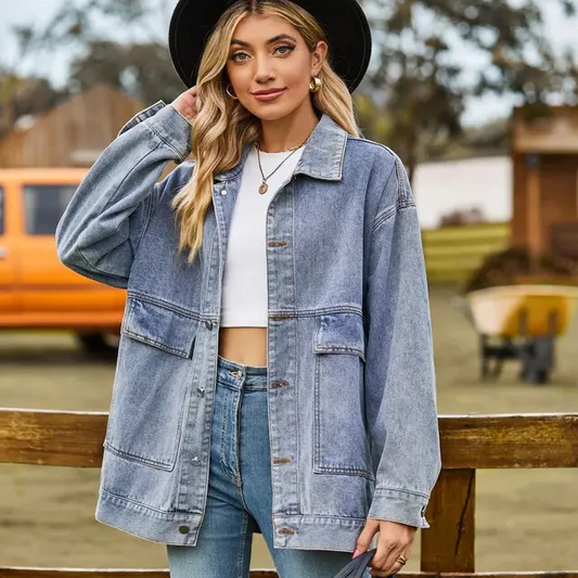 Women’s Denim Jacket – Oversized Fit – Button Down – Chest Pockets – Hip Length Casual Blue
