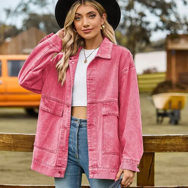 Women’s Denim Jacket – Oversized Fit – Button Down – Chest Pockets – Hip Length Casual Pink
