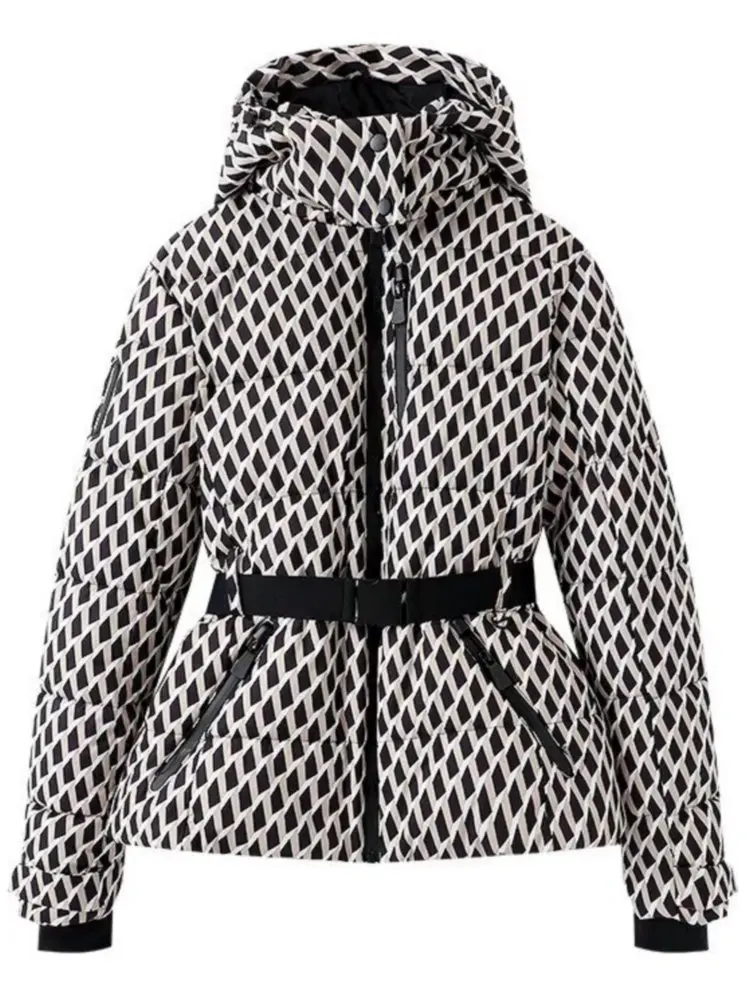 Women’s Ski Jacket – Quilted Puffer – Waterproof – Belted Waist – Hood White Black
