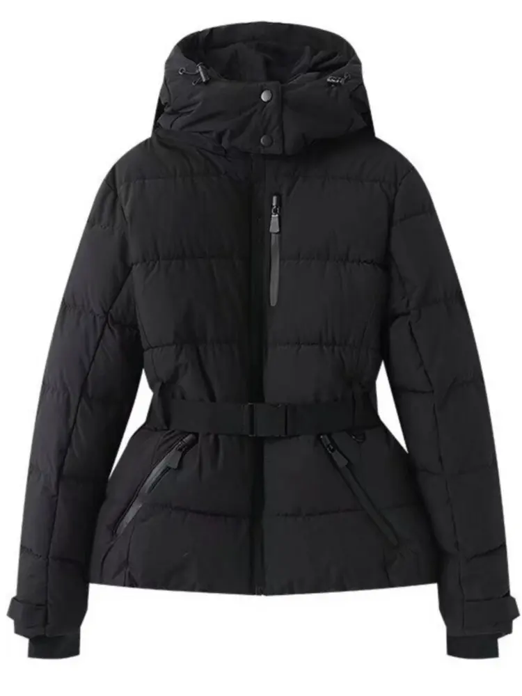 Women’s Ski Jacket – Quilted Puffer – Waterproof – Belted Waist – Hood Black