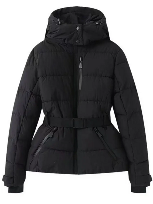 Women’s Ski Jacket – Quilted Puffer – Waterproof – Belted Waist – Hood Black