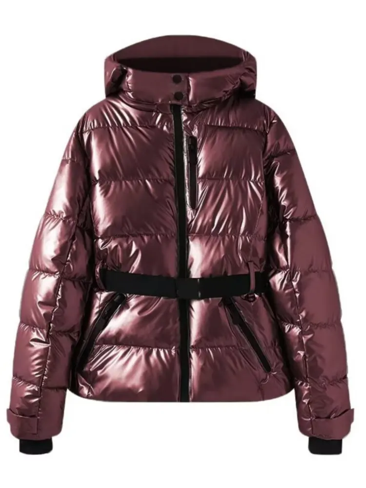 Women’s Ski Jacket – Quilted Puffer – Waterproof – Belted Waist – Hood Wine Red