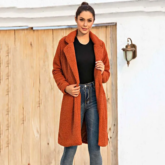 Women's Plush Teddy Coat Oversized Knee-Length - LuxeWrap Caramel