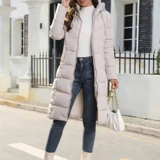 Women's Lightweight Hooded Down Jacket Full Length - WinterEase Beige