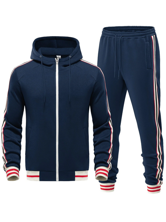 Men’s Tracksuit Set – Slim Fit Hooded Zip Jacket – Tapered Joggers – Striped Trim Navy Blue