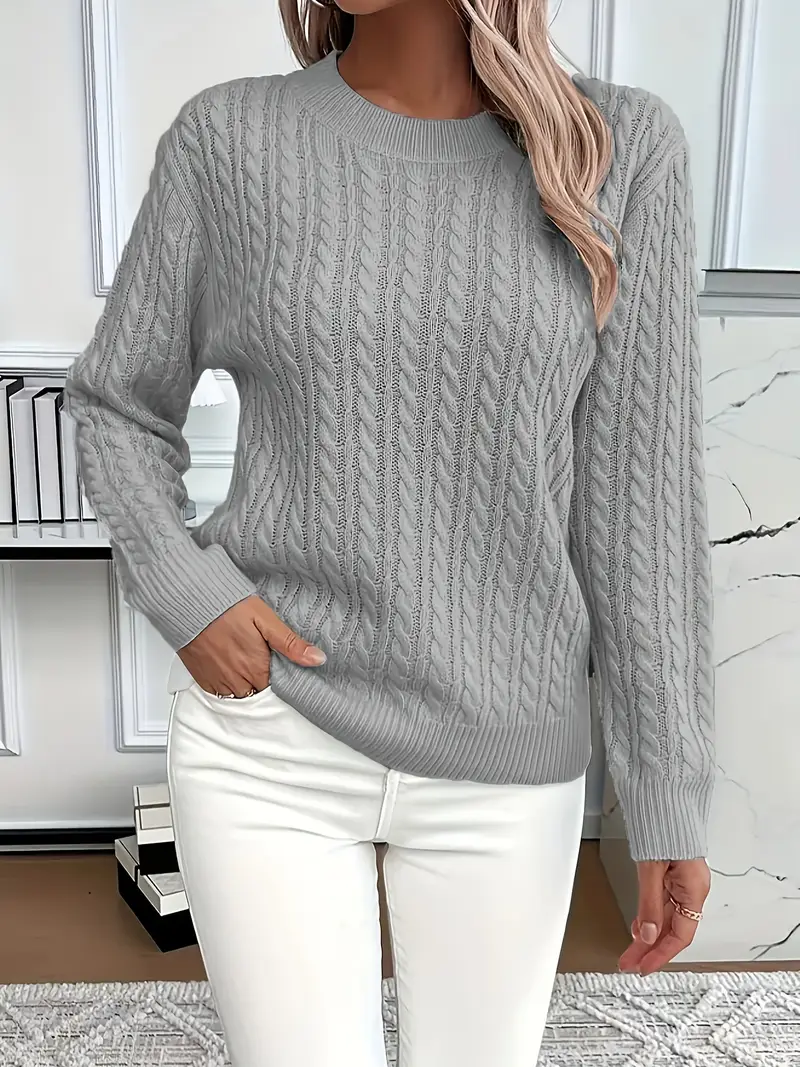 Women’s Sweatshirt – Classic Fit – Cable Knit Look – Long Sleeve – Wool Touch Gray