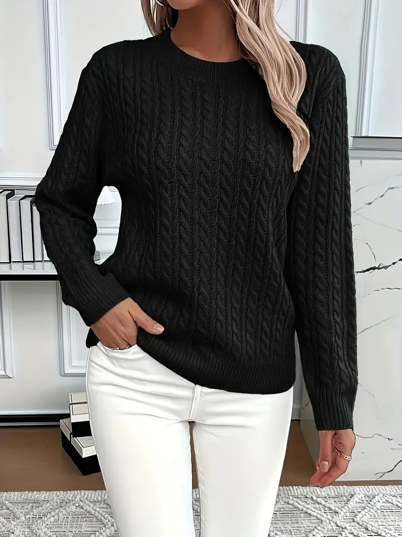 Women’s Sweatshirt – Classic Fit – Cable Knit Look – Long Sleeve – Wool Touch Black
