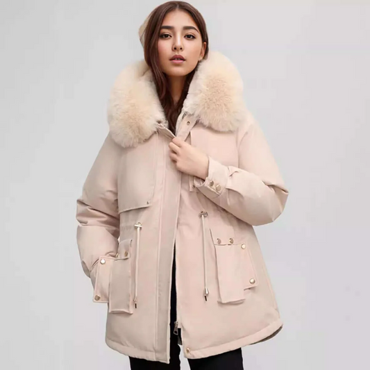 Women's Tailored Coat - Faux Fur Collar & Cinched Waist - CityChic Khaki