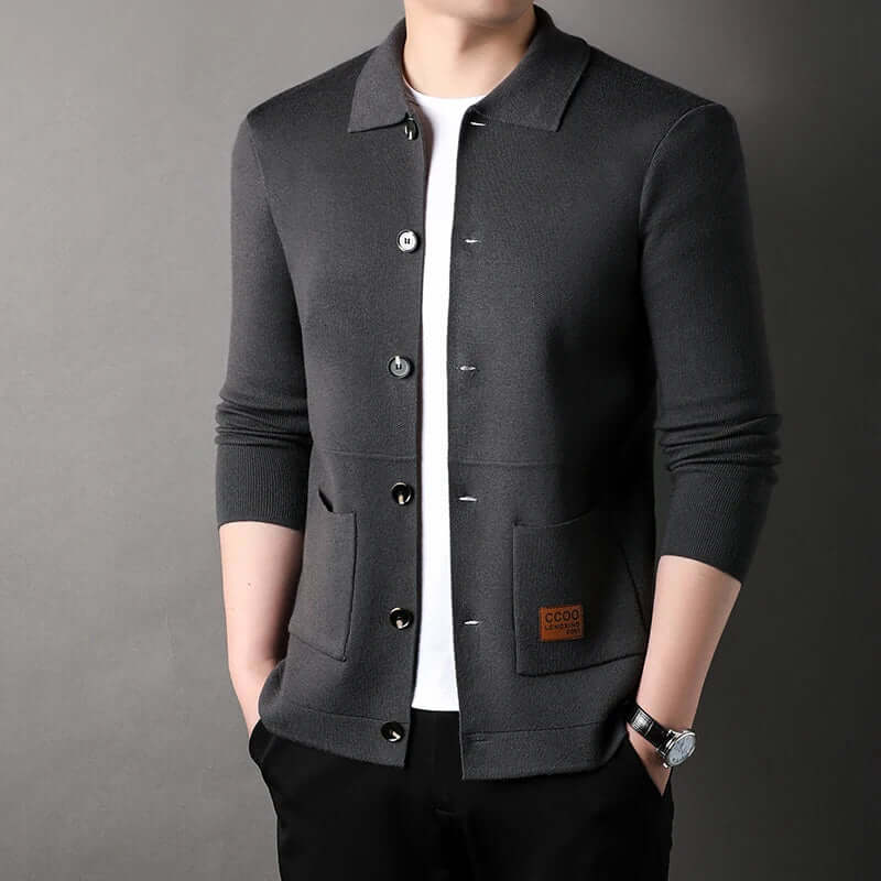 Men’s Cardigan – Slim Fit Knitwear – Classic Collar – Button Front – Ribbed Trim Gray