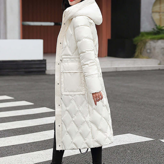 Women’s Padded Jacket – Quilted Knee Length – Relaxed Fit – Hooded – Water Resistant White