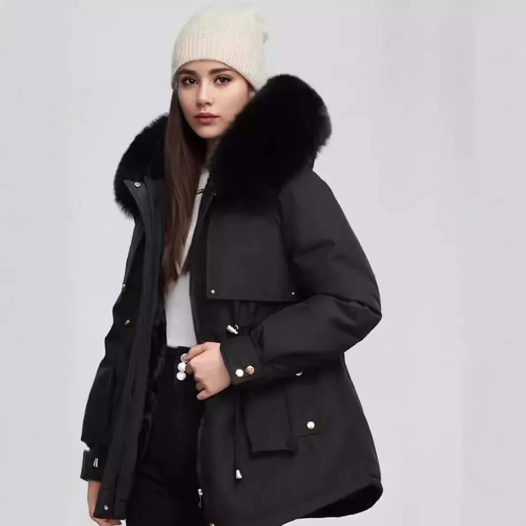 Women's Tailored Coat - Faux Fur Collar & Cinched Waist - CityChic Black