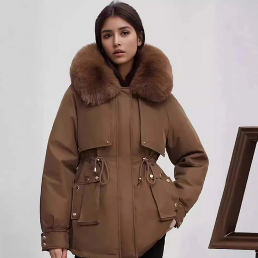 Women's Tailored Coat - Faux Fur Collar & Cinched Waist - CityChic Brown