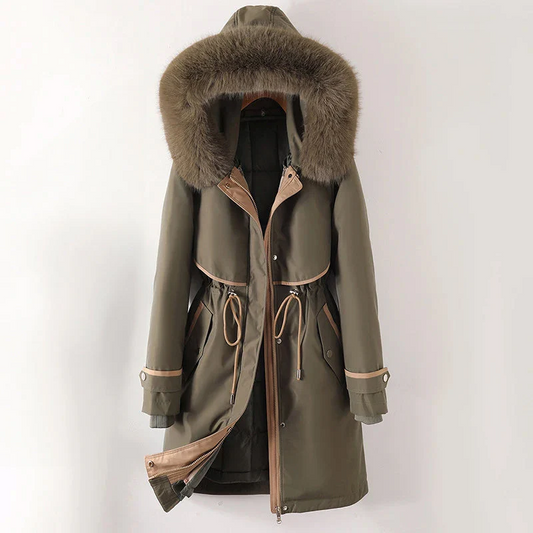 Women’s Parka Jacket – Quilted Lining – Faux Fur Hood – Adjustable Waist – Zip Closure Green