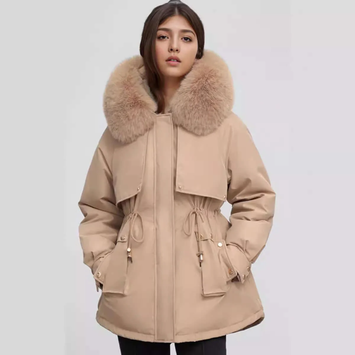 Women's Tailored Coat - Faux Fur Collar & Cinched Waist - CityChic Beige