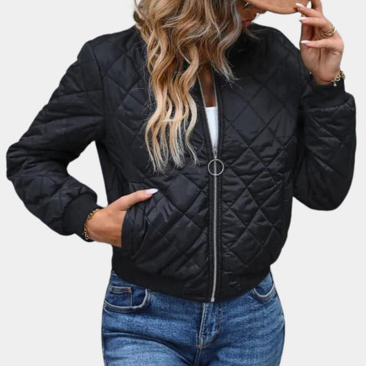Women’s Bomber Jacket – Quilted Fabric – Fitted Waist – Ribbed Hem – Zip Closure Black