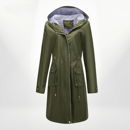 Women’s Trench Coat – Waterproof Over-Knee – Hooded – Adjustable Waist – Flap Pockets Green