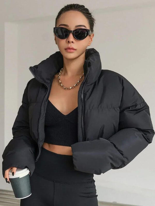 Women’s Puffer Jacket – Cropped Fit – Glossy Quilted Finish – Padded High Collar Black