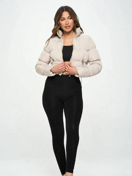 Women’s Puffer Jacket – Cropped Fit – Glossy Quilted Finish – Padded High Collar