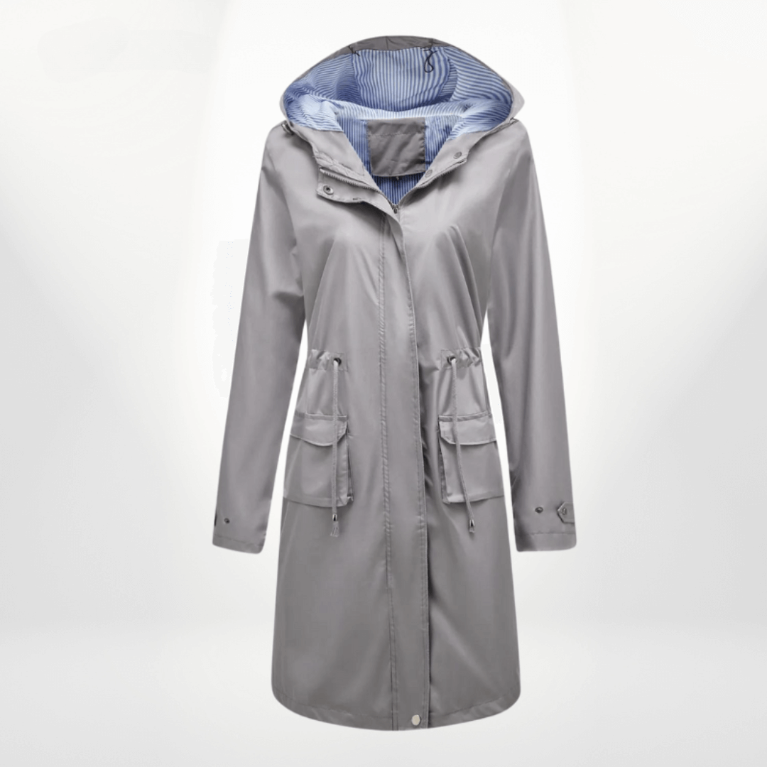 Women’s Trench Coat – Waterproof Over-Knee – Hooded – Adjustable Waist – Flap Pockets Gray