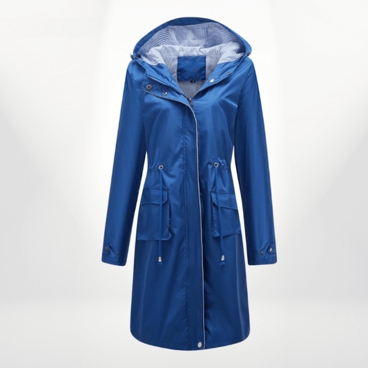 Women’s Trench Coat – Waterproof Over-Knee – Hooded – Adjustable Waist – Flap Pockets Blue