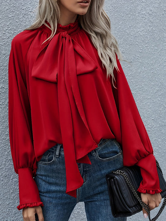 Elegant Tie-Neck Blouse with Puff Sleeves - RuffleChic