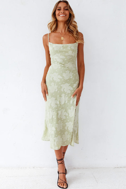 Women's Floral Midi Slip Dress - Cowl Neck, High Slit - LuxeFlow