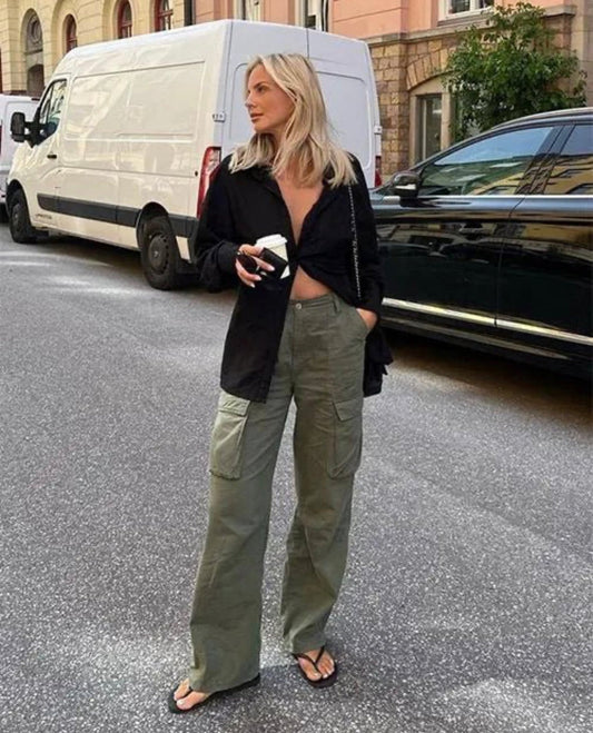 Women's Relaxed Wide Leg Cargo Pants with Pockets - StreetFlex