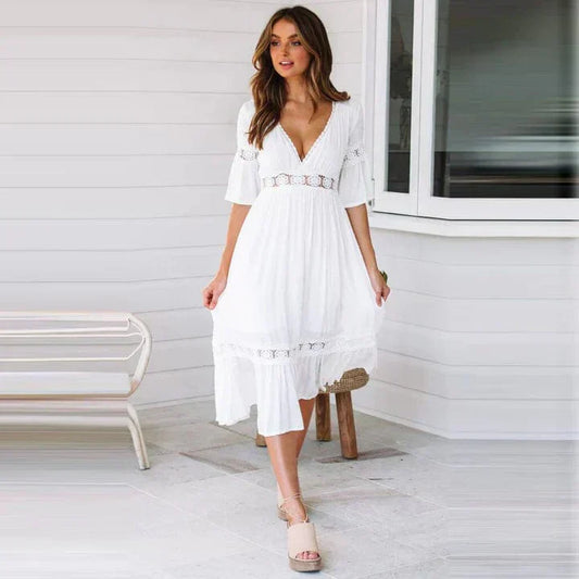 Women's Bohemian Mini Dress: Flowy A-Line, Deep V-Neck - Ibiza Breeze