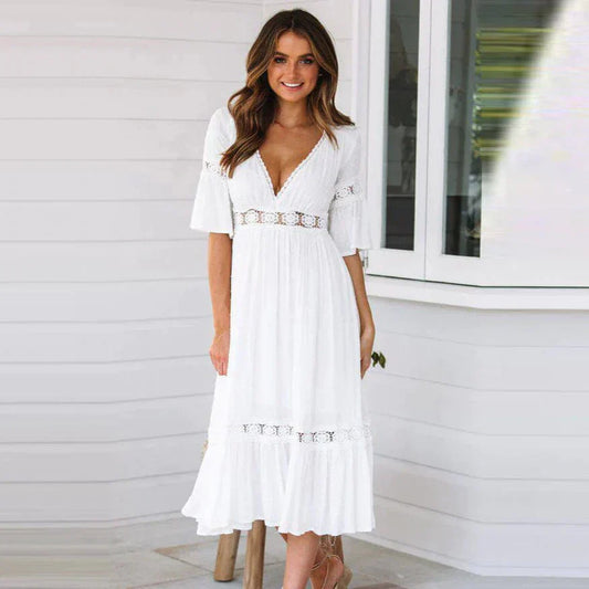 Women's Bohemian Mini Dress: Flowy A-Line, Deep V-Neck - Ibiza Breeze