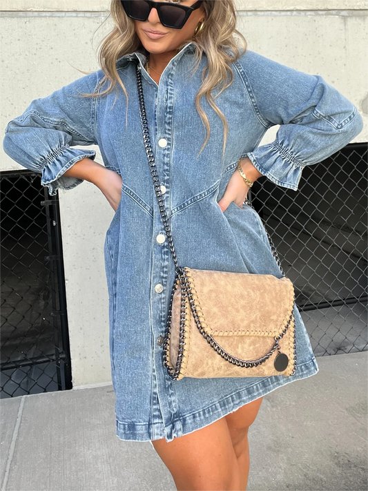 Women's Denim Mini Dress - Puff Sleeve Button-Down - DenimDaze