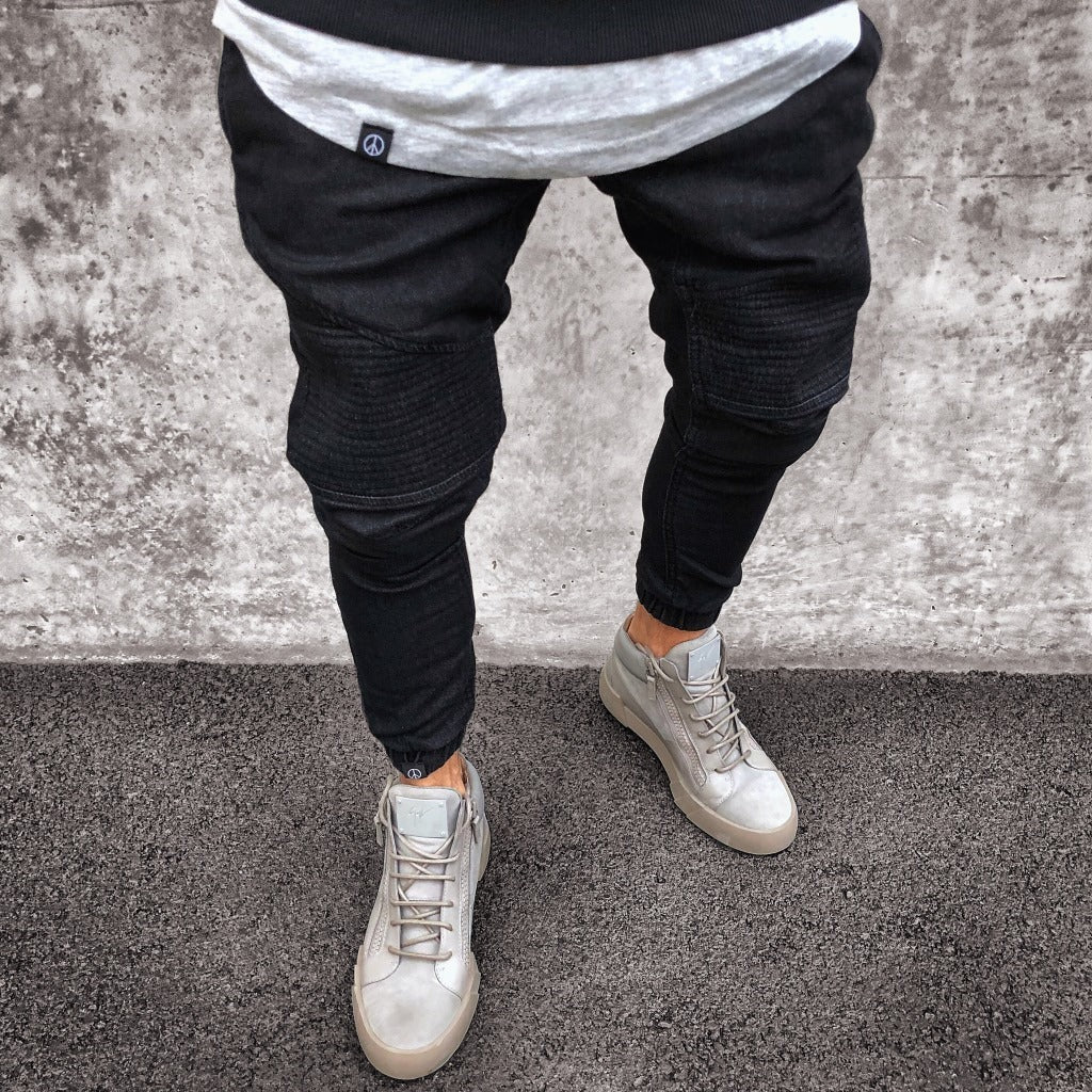 Men’s Jogger Pants – Slim Fit – Cotton Blend – Ribbed Knees – Elastic Cuffs – Full Length Black