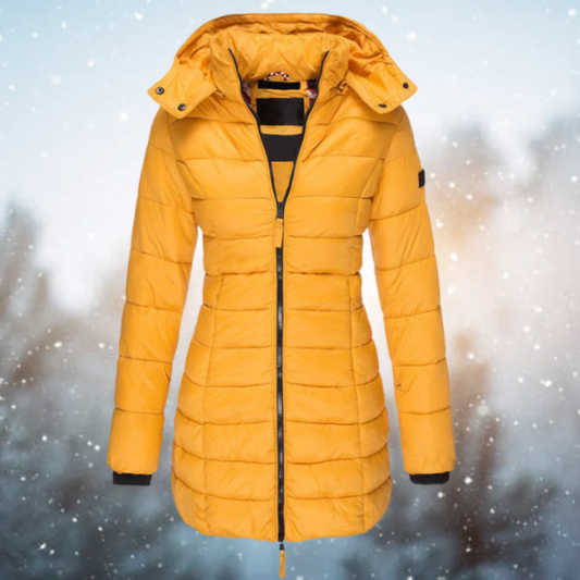 Women’s Puffer Jacket – Slim Fit – Long Length – Quilted Insulation – Detachable Hood Yellow