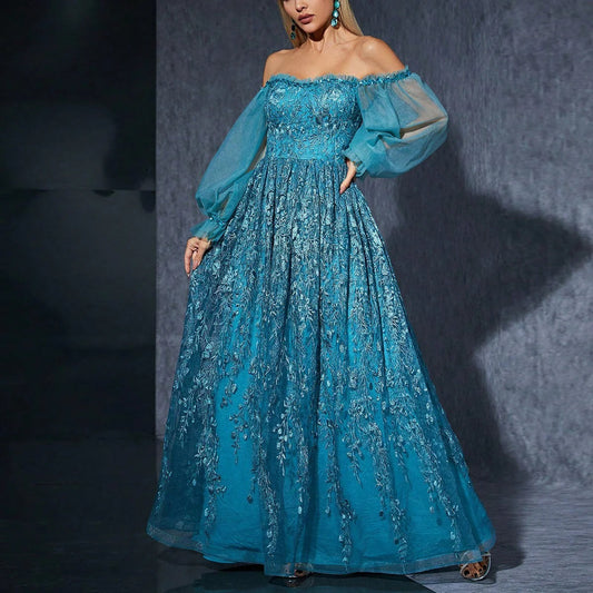 Women’s Evening Gown – Off-Shoulder – Embroidered Sheer Sleeves – Full-Length Skirt Marine Blue