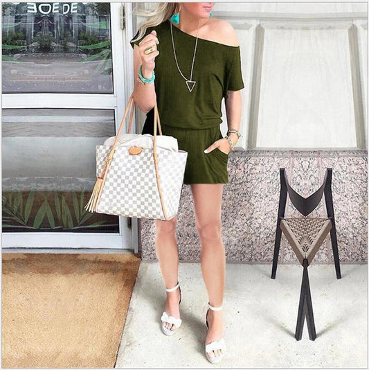 Women’s One-Piece Romper – Off-Shoulder – Relaxed Fit – Breathable Lightweight Fabric Olive Green