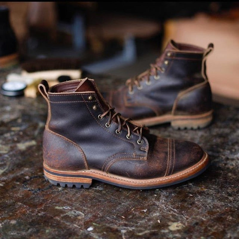 Men’s Ankle Boots – Leather – Lace-Up – Rugged Sole – Low Heel – Casual Fit Coffee