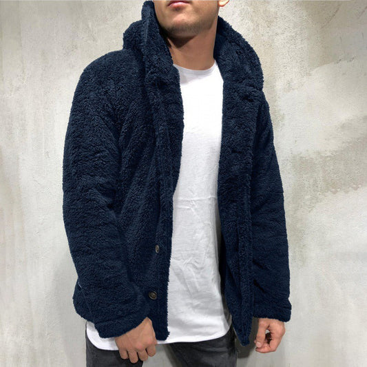 Men’s Hooded Jacket – Fleece Texture – Relaxed Fit – Button Front Casual Outerwear Dark Blue