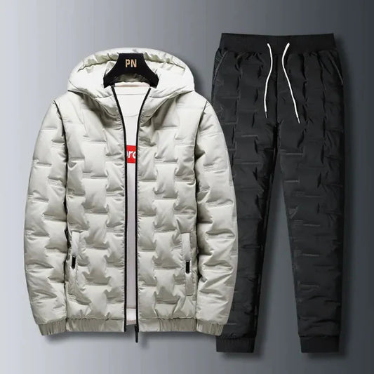 Men's Two-Piece Set - Hooded Jacket - Regular Fit – Full Zip – Ribbed Cuff - Drawstring Pants White